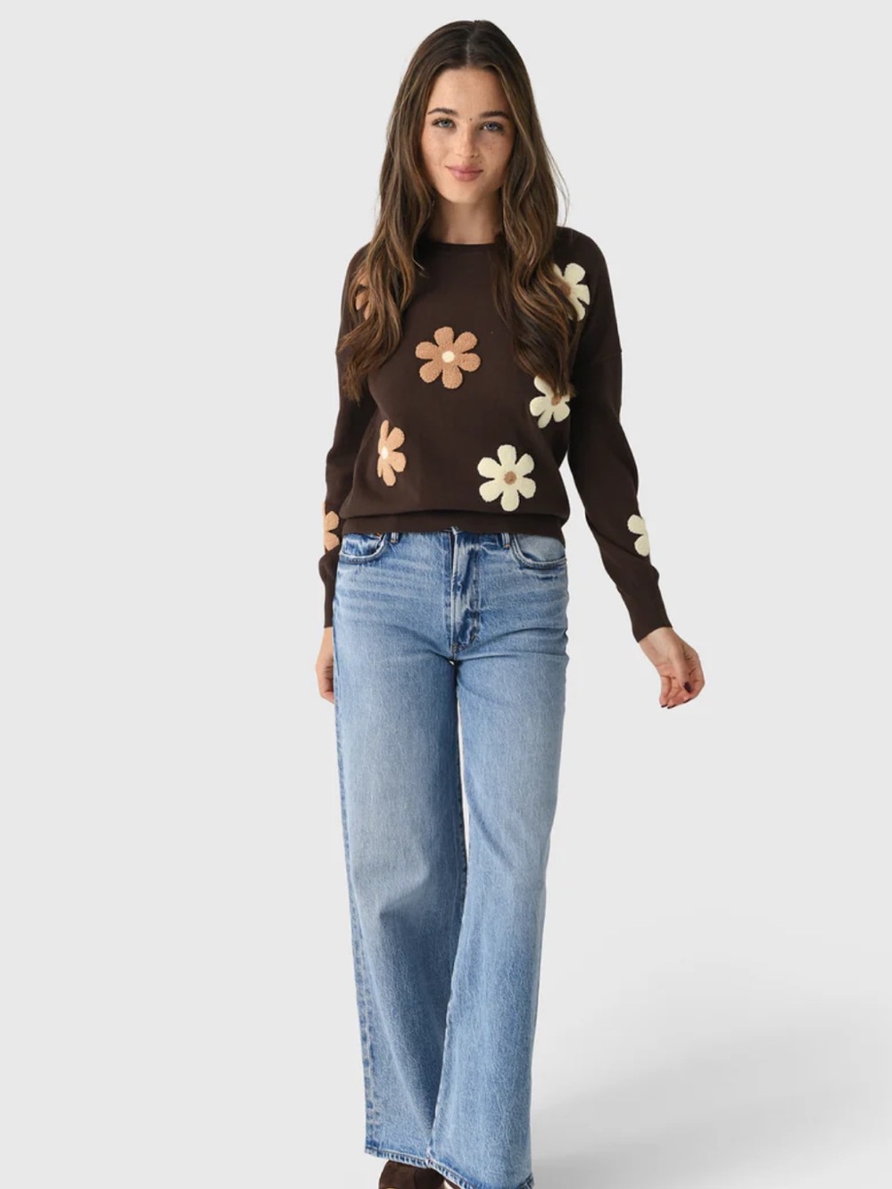 ECHE Women's Two Tone Flower Crew Sweater - Picture 2 of 6
